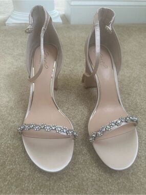 Jewel Badgley Mischka Blush Satin Crystal-Strap Ankle-Heels